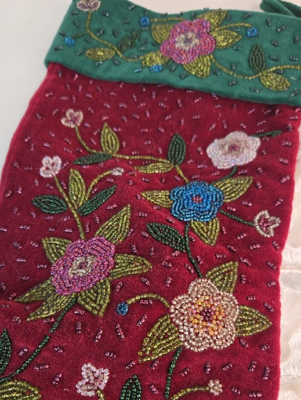 Christmas Stockings Set Glam Burgundy Green Beaded & White Fuzzy Sparkly Large - Picture 7 of 12